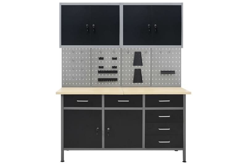 Arbetsbänk med fyra väggpaneler och två skåp - Svart - Hus & renovering - Garage & verkstad - Garageinredning & garageförvaring