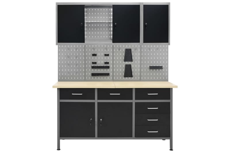 Arbetsbänk med fyra väggpaneler och två skåp - Svart - Hus & renovering - Garage & verkstad - Garageinredning & garageförvaring