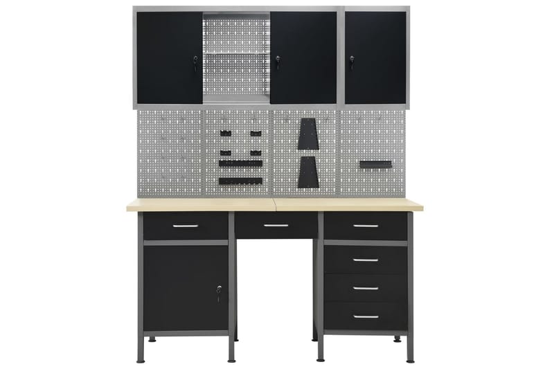 Arbetsbänk med fyra väggpaneler och två skåp - Svart - Hus & renovering - Garage & verkstad - Garageinredning & garageförvaring