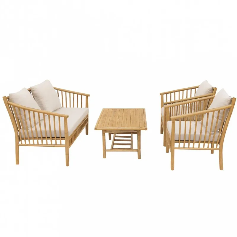 Loungegrupp Bambu loungegrupp utomhus | Soffa, 2 fåtöljer & bord i naturmaterial Brun, undefined
