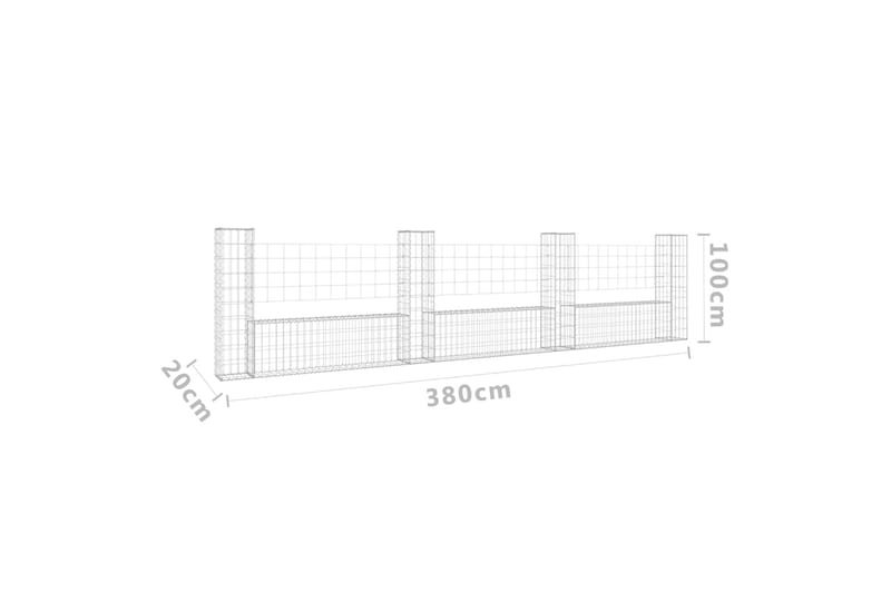 U-formad gabionkorg med 4 stolpar järn 380x20x100 cm - Silver - Hus & renovering - Insynsskydd & inhägnad - Mur