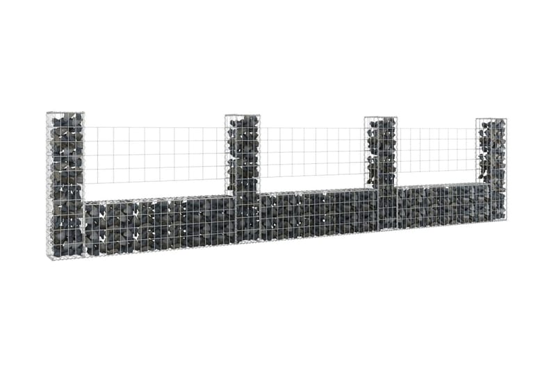 U-formad gabionkorg med 4 stolpar järn 380x20x100 cm - Silver - Gabion
