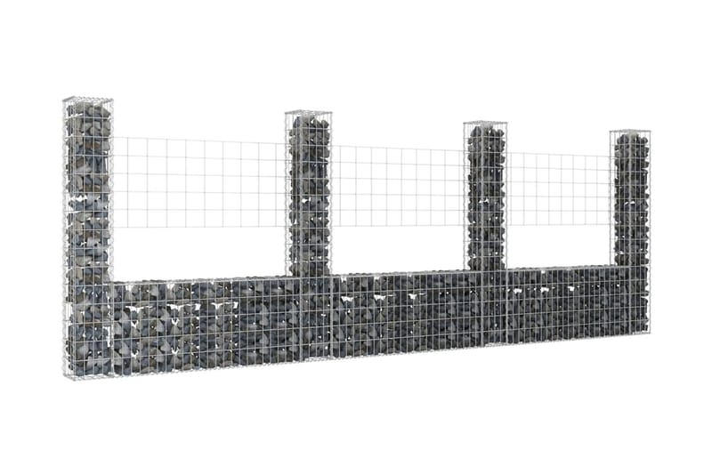 U-formad gabionkorg med 4 stolpar järn 380x20x150 cm - Silver - Gabion