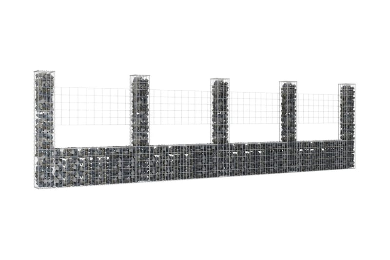 U-formad gabionkorg med 5 stolpar järn 500x20x150 cm - Silver - Gabion