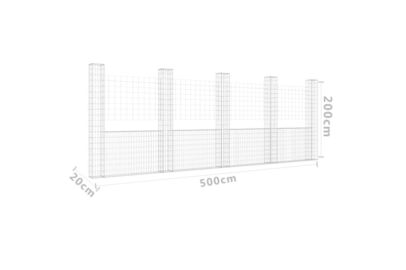 U-formad gabionkorg med 5 stolpar järn 500x20x200 cm - Silver - Hus & renovering - Insynsskydd & inhägnad - Mur