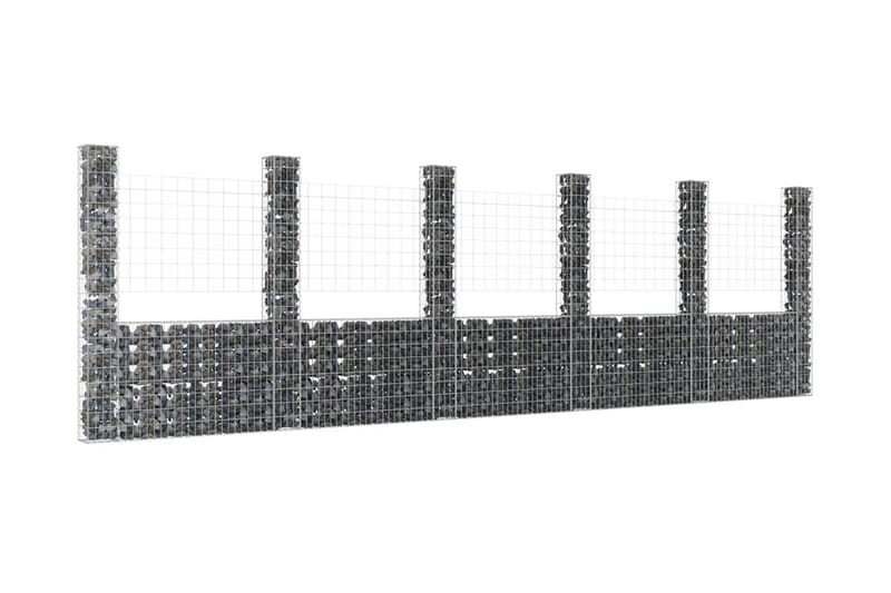U-formad gabionkorg med 6 stolpar järn 620x20x200 cm - Silver - Gabion
