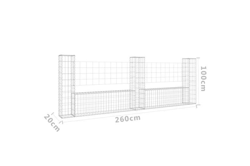 U-formad gabionkorg med 3 stolpar järn 260x20x100 cm - Silver - Gabion