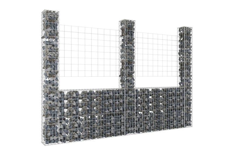 U-formad gabionkorg med 3 stolpar järn 260x20x200 cm - Silver - Gabion