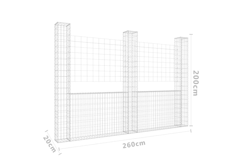 U-formad gabionkorg med 3 stolpar järn 260x20x200 cm - Silver - Hus & renovering - Insynsskydd & inhägnad - Mur