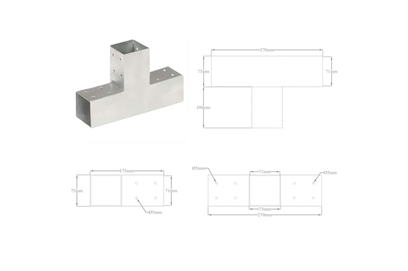 Stolpbeslag T-form galvaniserad metall 71x71 mm - Silver - Hus & renovering - Insynsskydd & inhägnad - Staket