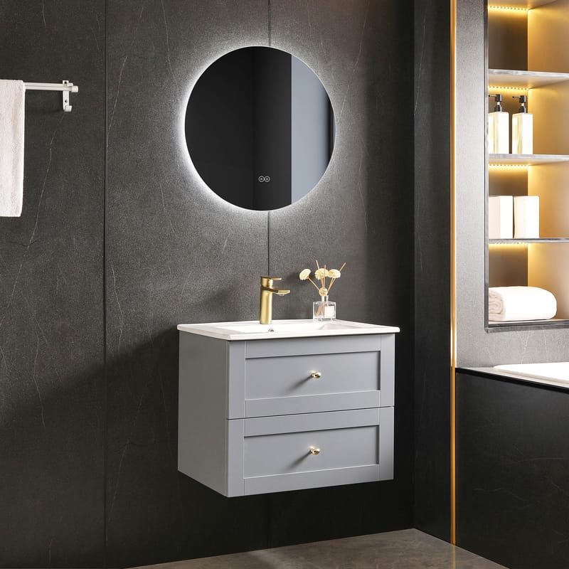 Badgrumsmöbel + LED spegel - 60x46x50cm - grå/guld - Ljusgrå - Hus & renovering - Kök & bad - Badrum - Badrumsmöbler & badrumsinredning - Kompletta möbelpaket badrum