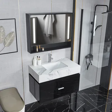 Badrumsmöbel- LED spegelskåp+kommod-L90-svart/marm - Hus & renovering - Kök & bad - Badrum - Badrumsmöbler & badrumsinredning - Kompletta möbelpaket badrum
