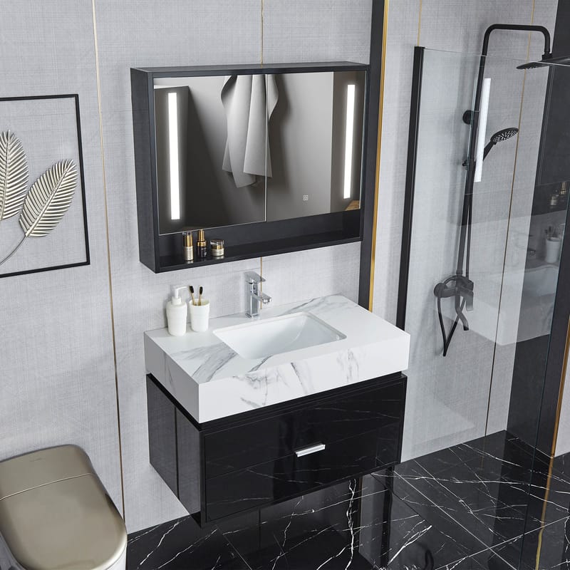 Badrumsmöbel- LED spegelskåp+kommod-L90-svart/marm - Hus & renovering - Kök & bad - Badrum - Badrumsmöbler & badrumsinredning - Kompletta möbelpaket badrum