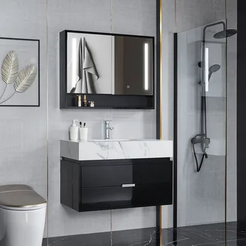 Badrumsmöbel- LED spegelskåp+kommod-L90-svart/marm - Hus & renovering - Kök & bad - Badrum - Badrumsmöbler & badrumsinredning - Kompletta möbelpaket badrum