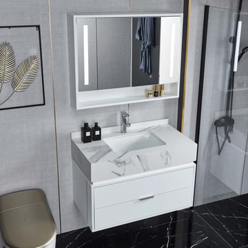 Badrumsmöbel- LED spegelskåp+kommod-L90-vit/marm - Hus & renovering - Kök & bad - Badrum - Badrumsmöbler & badrumsinredning - Kompletta möbelpaket badrum