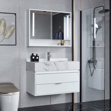 Badrumsmöbel- LED spegelskåp+kommod-L90-vit/marm - Hus & renovering - Kök & bad - Badrum - Badrumsmöbler & badrumsinredning - Kompletta möbelpaket badrum