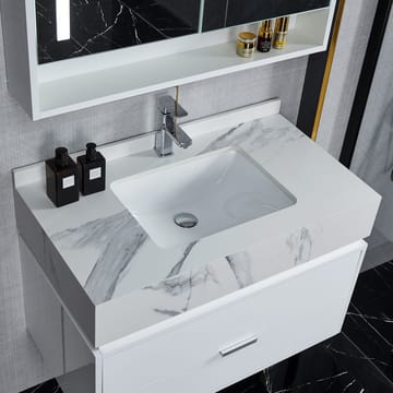 Badrumsmöbel- LED spegelskåp+kommod-L90-vit/marm - Hus & renovering - Kök & bad - Badrum - Badrumsmöbler & badrumsinredning - Kompletta möbelpaket badrum