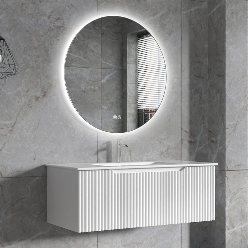 Badrumspaket | Kommod 101cm | Rund LED-spegel | Tuba - Vit, undefined