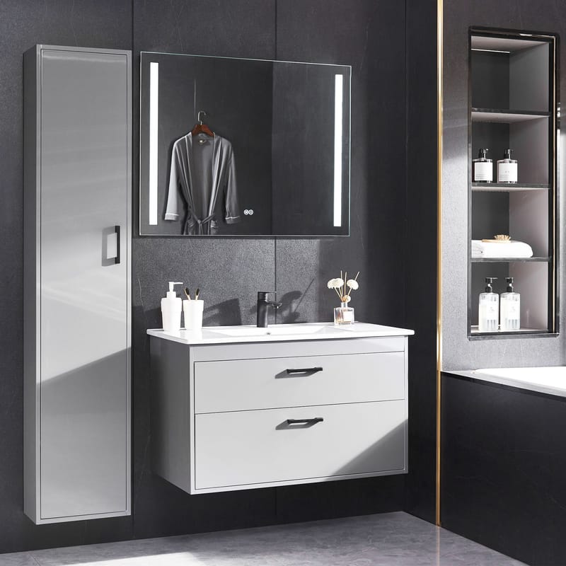 Badrumspaket | Kommod 90 cm | Sidoskåp & LED-spegel | Grå, undefined