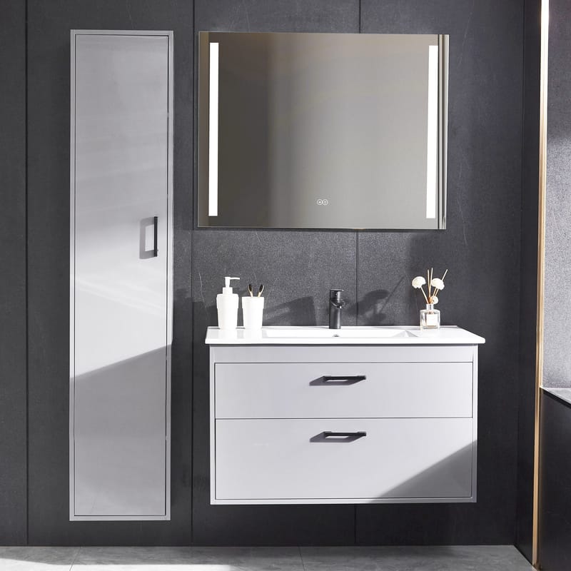Badrumspaket | Kommod 90 cm | Sidoskåp & LED-spegel | Grå - Hus & renovering - Kök & bad - Badrum - Badrumsmöbler & badrumsinredning - Kompletta möbelpaket badrum