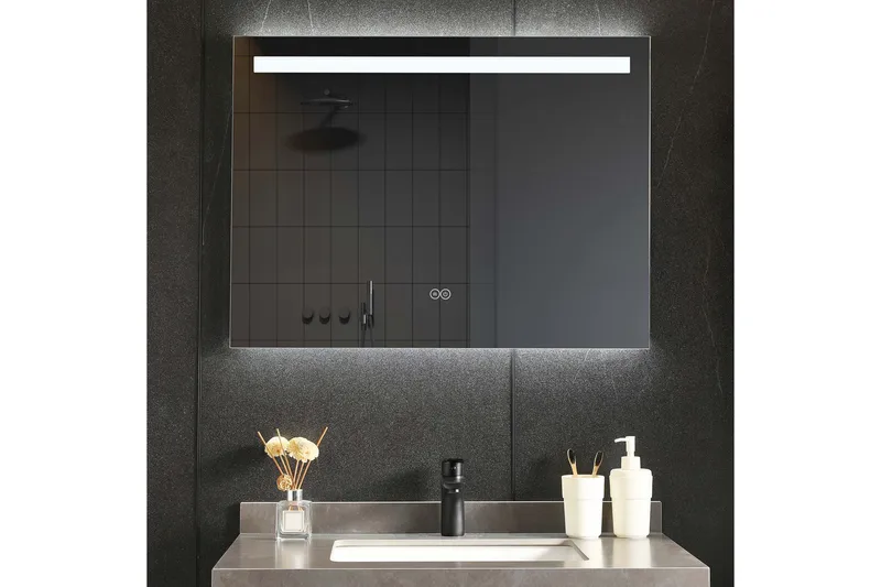 Badrumsspegel med LED-belysning & anti-fog-funktion 80x60 cm, Lyfco