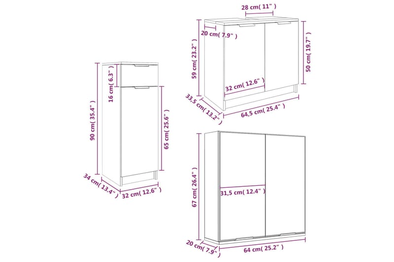 beBasic Badrumsmöbler set 3 delar rökfärgad ek konstruerat trä - Brown - Badrumsskåp