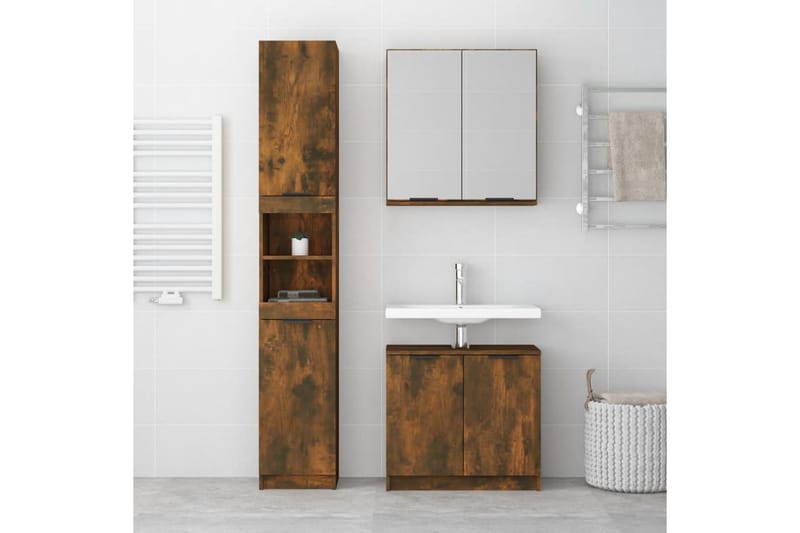 beBasic Badrumsmöbler set 3 delar rökfärgad ek konstruerat trä - Brown - Hus & renovering - Kök & bad - Badrum - Badrumsmöbler & badrumsinredning - Badrumsskåp