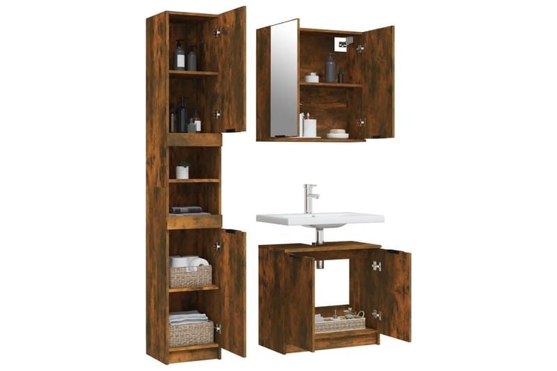 beBasic Badrumsmöbler set 3 delar rökfärgad ek konstruerat trä - Brown - Hus & renovering - Kök & bad - Badrum - Badrumsmöbler & badrumsinredning - Badrumsskåp
