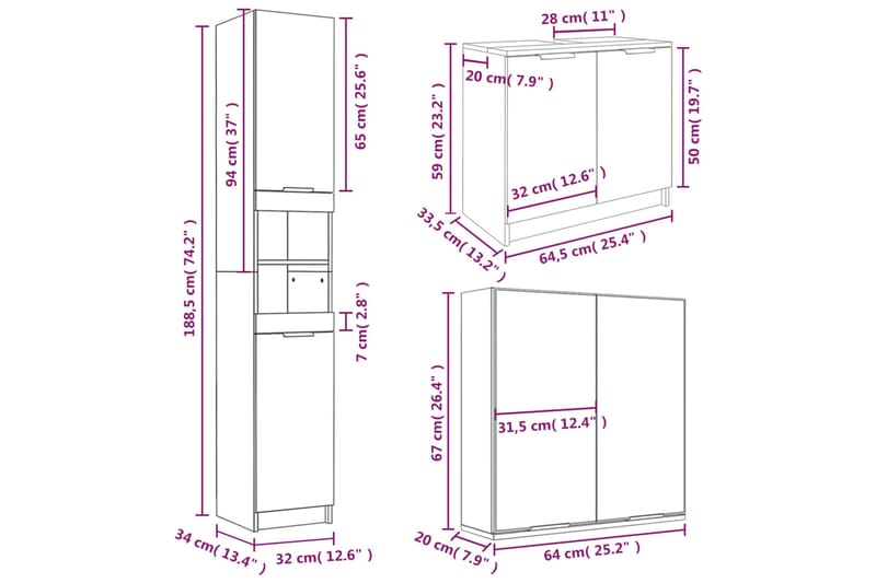 beBasic Badrumsmöbler set 3 delar rökfärgad ek konstruerat trä - Brown - Hus & renovering - Kök & bad - Badrum - Badrumsmöbler & badrumsinredning - Badrumsskåp