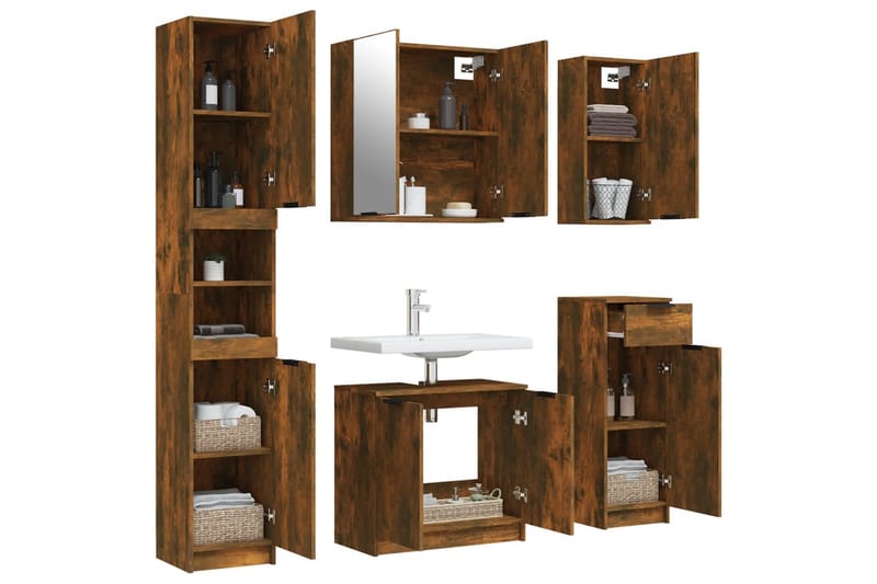 beBasic Badrumsmöbler set 5 delar rökfärgad ek konstruerat trä - Brown - Hus & renovering - Kök & bad - Badrum - Badrumsmöbler & badrumsinredning - Badrumsskåp