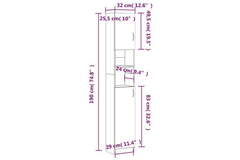 beBasic Badrumsskåp grå sonoma 32x25,5x190 cm konstruerat trä - Grey - Hus & renovering - Kök & bad - Badrum - Badrumsmöbler & badrumsinredning - Badrumsskåp