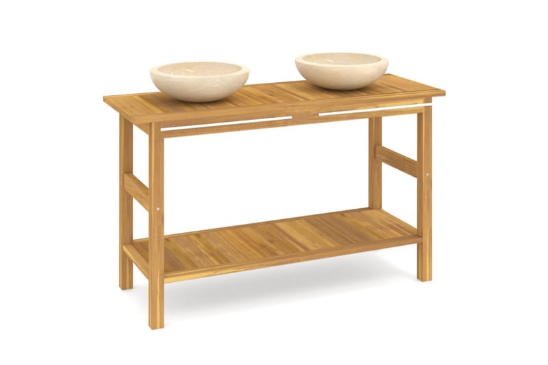 beBasic Handfatsbänk med gräddvita handfat massiv teak - Kräm - Hus & renovering - Kök & bad - Badrum - Badrumsmöbler & badrumsinredning - Tvättställsskåp & kommod