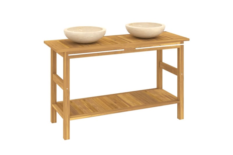 beBasic Handfatsbänk med gräddvita handfat massiv teak - Kräm - Hus & renovering - Kök & bad - Badrum - Badrumsmöbler & badrumsinredning - Tvättställsskåp & kommod