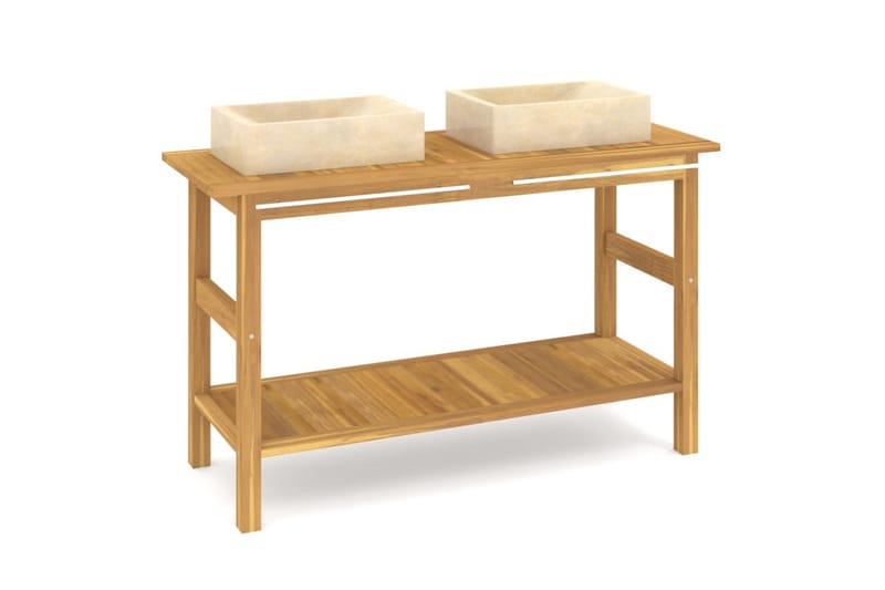 beBasic Handfatsbänk med gräddvita handfat massiv teak - Kräm - Hus & renovering - Kök & bad - Badrum - Badrumsmöbler & badrumsinredning - Tvättställsskåp & kommod