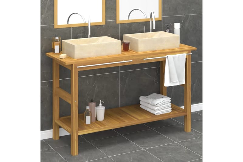 beBasic Handfatsbänk med gräddvita handfat massiv teak - Kräm - Hus & renovering - Kök & bad - Badrum - Badrumsmöbler & badrumsinredning - Tvättställsskåp & kommod