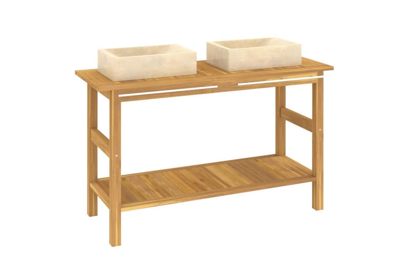 beBasic Handfatsbänk med gräddvita handfat massiv teak - Kräm - Hus & renovering - Kök & bad - Badrum - Badrumsmöbler & badrumsinredning - Tvättställsskåp & kommod