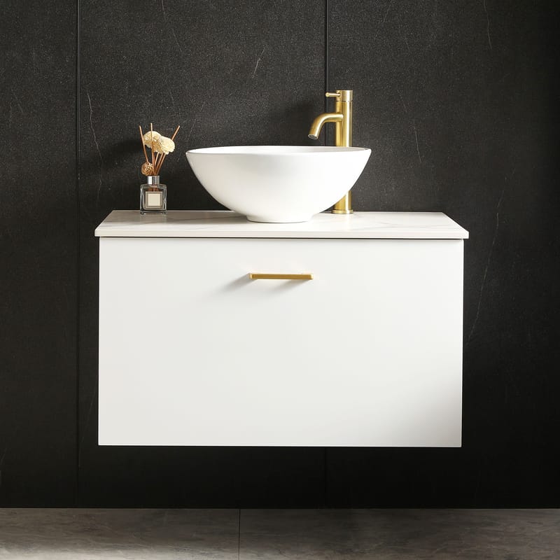 Kommod med tvättställ 60cm | Bänkskiva i sten | Cumulus vit, undefined