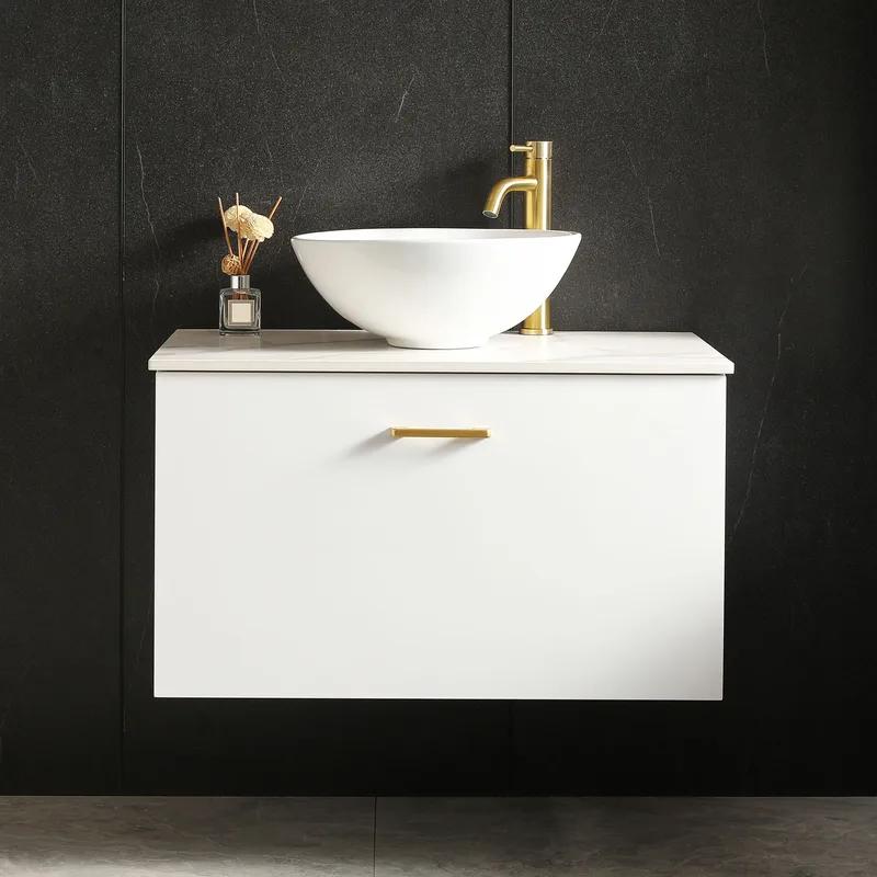 Kommod med tvättställ 60cm | Bänkskiva i sten | Cumulus vit, undefined