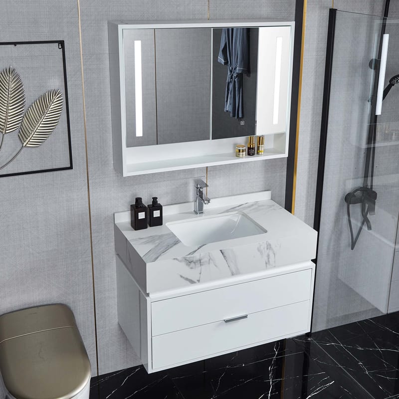 Badrumsmöbel- LED spegelskåp+kommod-L90-vit/marm - Hus & renovering - Kök & bad - Badrum - Badrumsmöbler & badrumsinredning - Kompletta möbelpaket badrum