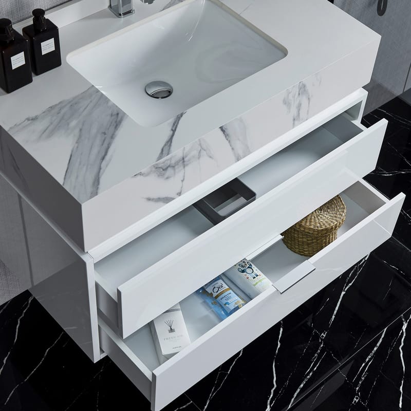 Badrumsmöbel- LED spegelskåp+kommod-L90-vit/marm - Hus & renovering - Kök & bad - Badrum - Badrumsmöbler & badrumsinredning - Kompletta möbelpaket badrum
