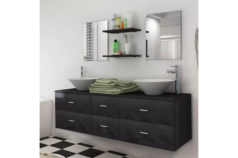 Badrumsmöbler med handfat och kran svart 9 delar - Svart - Hus & renovering - Kök & bad - Badrum - Badrumsmöbler & badrumsinredning - Kompletta möbelpaket badrum