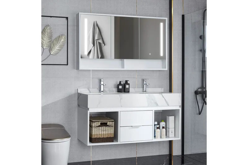 Badrumspaket LED-spegelskåp 120 cm Vit, undefined