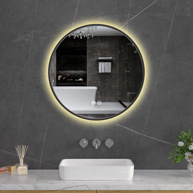 Rund badrumsspegel 60 cm | Svart ram | LED-belysning | Anti-fog & touch-styrning - Hus & renovering - Kök & bad - Badrum - Badrumsmöbler & badrumsinredning - Badrumsspegel