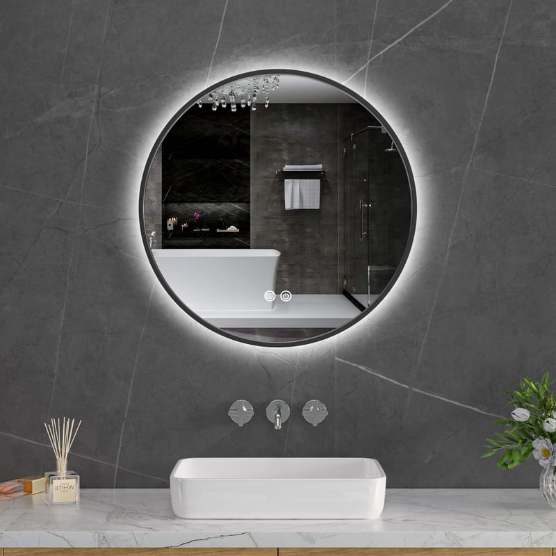 Rund badrumsspegel 60 cm | Svart ram | LED-belysning | Anti-fog & touch-styrning - Hus & renovering - Kök & bad - Badrum - Badrumsmöbler & badrumsinredning - Badrumsspegel
