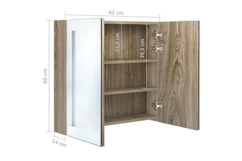 Badrumsskåp med spegel LED ek 62x14x60 cm - Brun - Spegelskåp badrum