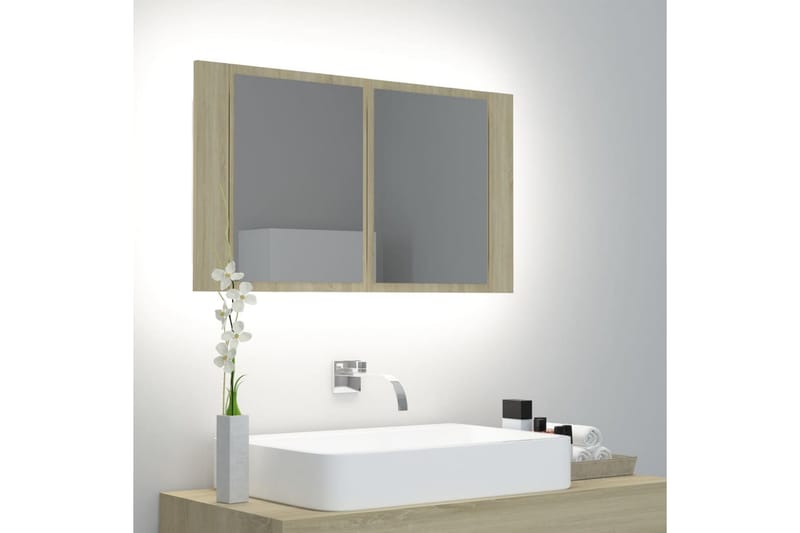 Spegelskåp med LED sonoma-ek 80x12x45 cm - Brun - Spegelskåp badrum