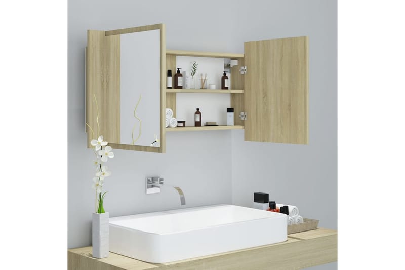 Spegelskåp med LED sonoma-ek 90x12x45 cm - Brun - Spegelskåp badrum