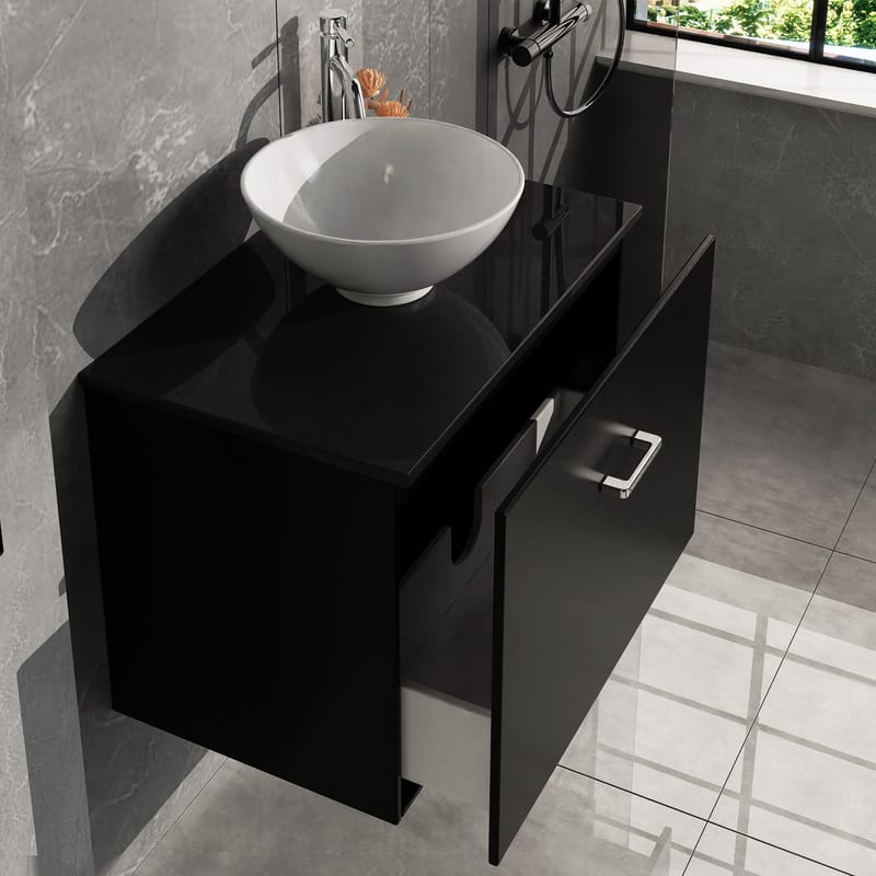 Badrumsmöbel- kommod+handfat - L60 - svart/silvrig - Hus & renovering - Kök & bad - Badrum - Badrumsmöbler & badrumsinredning - Tvättställsskåp & kommod