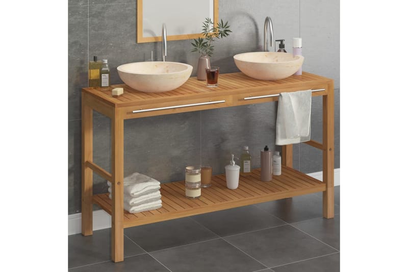 Badrumsunderskåp massiv teak med handfat marmor gräddvit - Brun - Hus & renovering - Kök & bad - Badrum - Badrumsmöbler & badrumsinredning - Tvättställsskåp & kommod