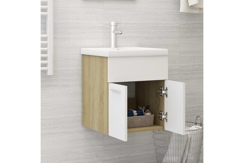 Tvättställsskåp vit och sonoma-ek 41x38,5x46 cm spånskiva - Vit - Hus & renovering - Kök & bad - Badrum - Badrumsmöbler & badrumsinredning - Tvättställsskåp & kommod